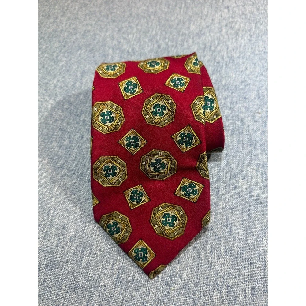 Vintage Aquascutum of London 100% Silk Tie Red Geometric Medallion Pattern
